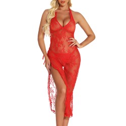 alluring red halter see through lace long dress